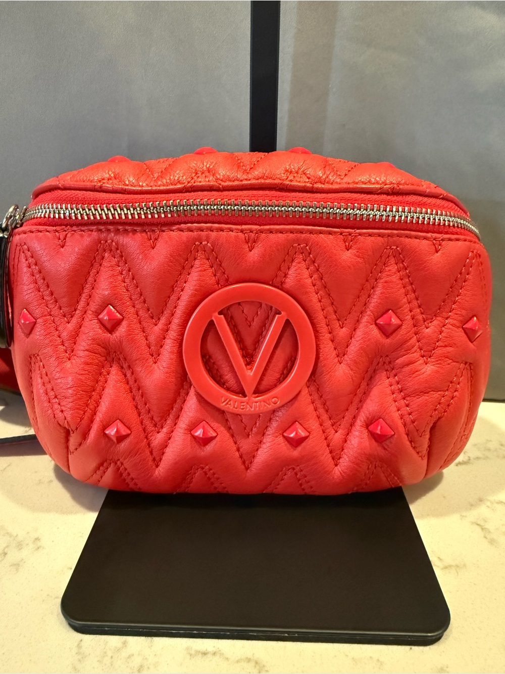 Valentino Red Quilted Logo Crossbody Pouch